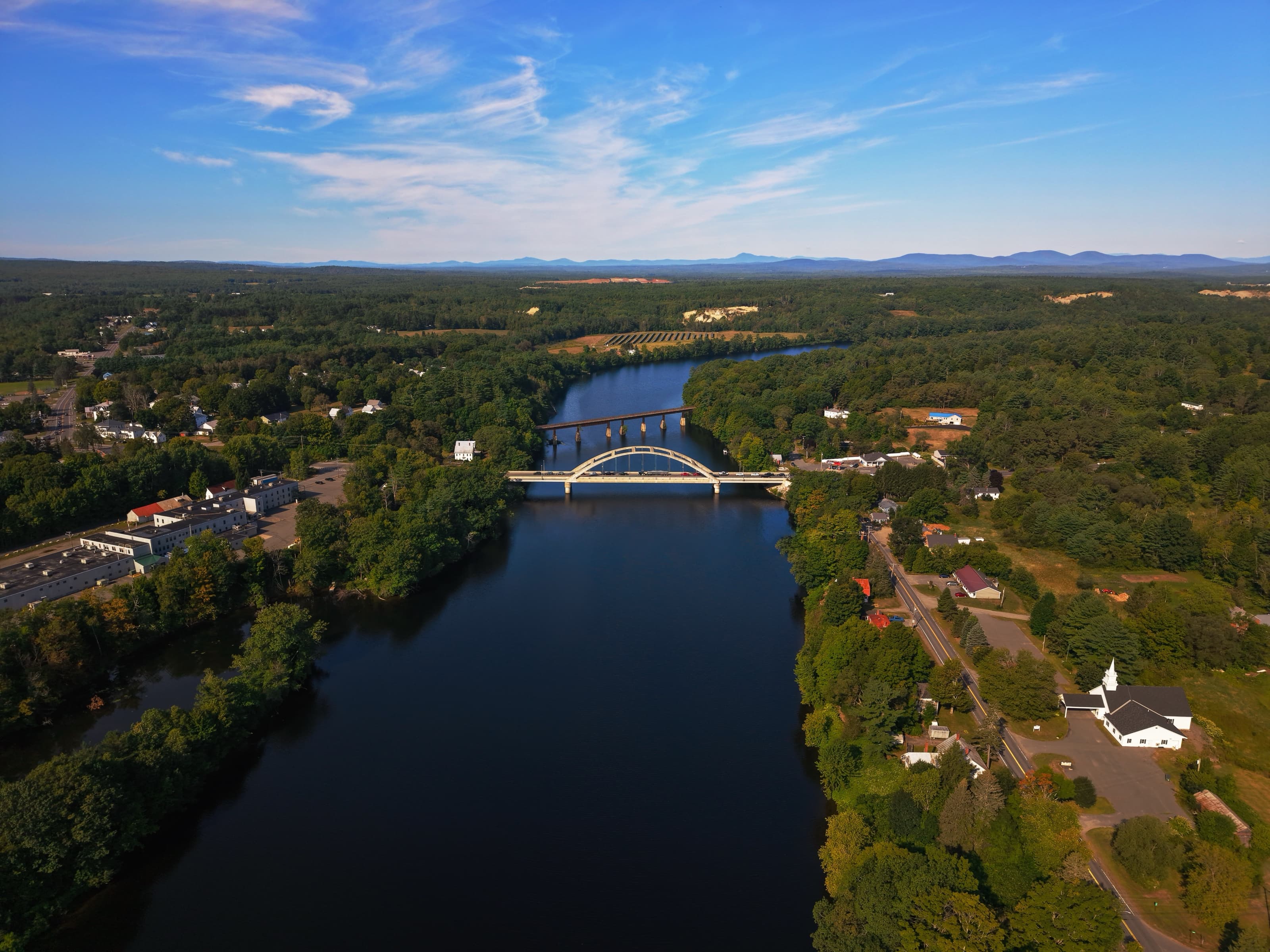 Color-graded aerial delivery of the same downtown Skowhegan scene