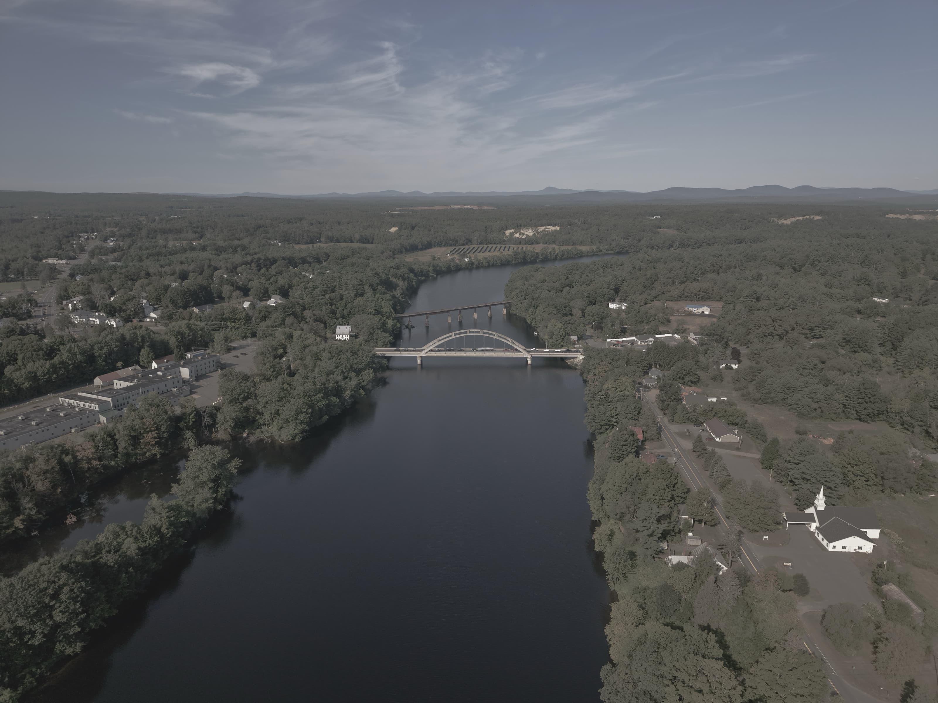 Raw, uncolored aerial capture of downtown Skowhegan